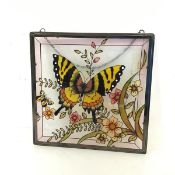 A square stained glass panel depicting Butterflies and Flowers (26cm x 26cm)