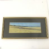 Beach with Cliffs in the Distance, watercolour with two ladybirds painted to matting (12cm x 36cm)