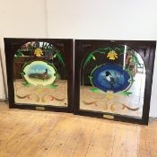 A pair of mahogany framed pub mirrors, with reverse painted daffodils, one with a central image of a