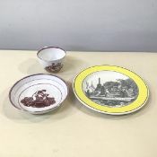 An early 19thc Pompee plate, with yellow edge and classical scene (d.19cm) and a pink lustre wear