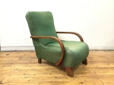 A Halabala style chair, with a faded emerald green floral fabric covering (88cm x 90cm x 59cm)