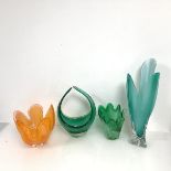 A group of naturalistic coloured glass vases (tallest: h.37cm), an emerald green glass bowl with