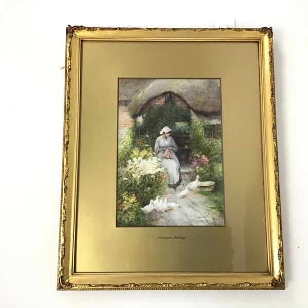 Florence MacKay, Lady Sitting in Cottage Garden with Ducks, gouache, signed and dated 1915 bottom