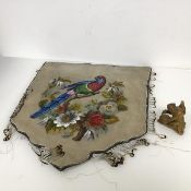 A beadwork panel, c.1900 depicting a parrot on a branch with flowers (46cm x 50cm) and a Chinese