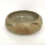 A large Vitry ware bowl, with partially glazed exterior depicting Ships at Sea with Birds, glazed
