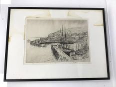 Cornish School, Harbour Town with Figures and Boats, etching, signed bottom right (27cm x 38cm)