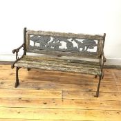 A child's garden bench with a composite frieze panel depicting animals including elephants, lions, a