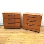 A pair of Sakol Furniture teak veneered chests of drawers, the rectangular tops above three drawers,