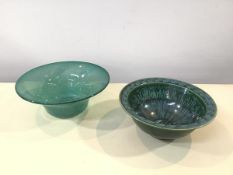 A Studio Pottery bowl in green tones, inscribed with signature to base (8cm x 21cm) and a