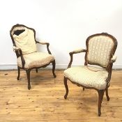 Two similar 19thc French walnut fauteuil, one with gilt highlights, each frame embellished with