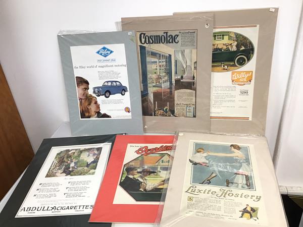 A collection of six vintage magazine advertisments including for Luxite Hosiery, Overland Abdulla