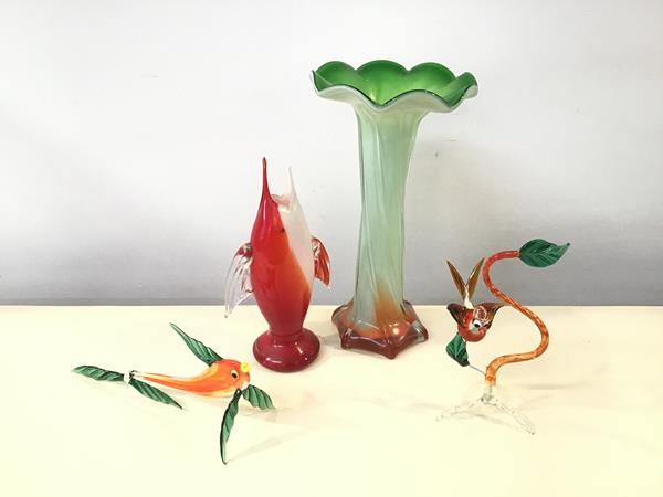 A collection of Murano style glass including a whimsical fish and bird, a novelty cased glass vase