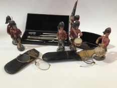 A group of Elastolin Scots Guards figures (6), a cased set of draughtmans drawing tools, two pairs
