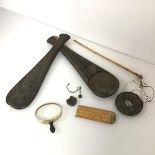A Roman style scale with bone beam and train travelling case together with a magnifying glass with