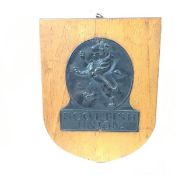 A tin Scottish Union Insurance plaque with Rampant Lion on shield shaped wall applique (20cm x