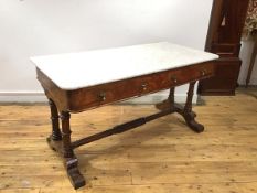 A late 19thc. walnut washstand, the marble top (lacking original gallery), above two frieze drawers,