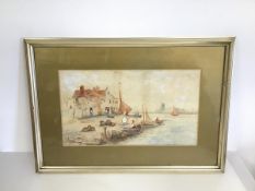 F.M Stevenson, Harbour Scene with Figures and Boats, watercolour (25cm x 44cm)