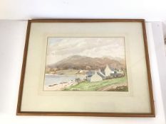 Scottish School, Coastal Village with Mountains, watercolour, initialled and dated 1948 bottom