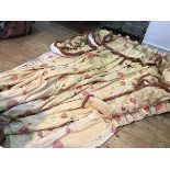 A pair of cotton mix woven crysanthemum design curtains, yellow ground, lined and interlined,