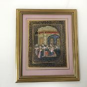 Indian School, Couple Drinking Tea with Attendants, gouache on textile (22cm x 18cm)