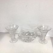 A pair of fine Stuart Crystal vases (20cm x 15cm) and a Stuart Crystal bowl of unusual design,