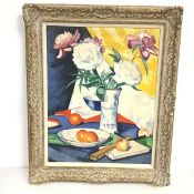 Manner of Samuel Peploe, Still Life with Flowers and Fruit, oil on board (49cm x 38cm)