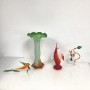 A collection of Murano style glass including a whimsical Fish and Bird, a novelty cased glass vase