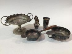 A silver two handled sweetmeat dish, a plated stopper, a silver measure, an Epns cigar ashtray and