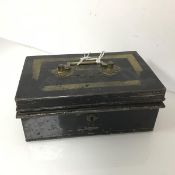 An Edwardian money box, complete with key and internal two compartment tray (9cm x 24cm x 16cm)