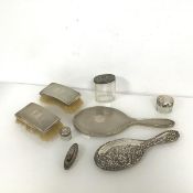 A selection of dressing table items including two engine turned brushes and mirror (30cm x 12cm),