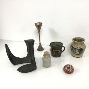 A mixed lot including a Studio Pottery vase and jug, a Strathearn millefiore paperweight, an