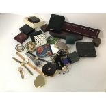 A mixed lot including an assortment of jewellery boxes, compacts, wristwatches, rings, keys, coins