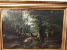 W. Wood, Highland Glade with Stag, oil on canvas, signed, in gilt composition frame (40cm x 59cm)