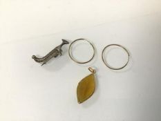 An Indian yellow metal mounted navette shaped pendant (4.5cm x 2cm), a pair of yellow metal hoop