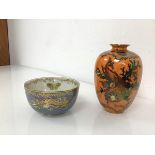 A Ducal vase of urn form, with a Goldfish and Aquatic Sea Life over an orange ground (13cm x 8cm)