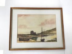 A Ruined Castle on Shoreline with Boats, watercolour