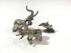 Two Epns mounted miniature elephant figures (tallest: 9cm) and a Kabana sterling silver mounted