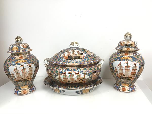 A garniture of Imari Nanban ware, comprising a tureen with flat and two lidded jars, all with