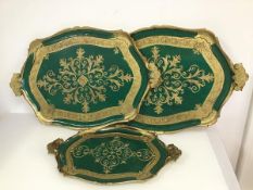 A pair of 18thc. style painted trays, with C scroll palmettes and foliate decoration (60cm x 40cm)