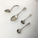 Four 19thc silver spoons, including Edinburgh, Exeter and London (largest: 14cm) (combined: 53.16g)