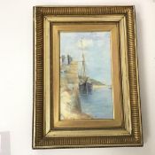 K M Fraser (?), Sailing Ship at Harbour, watercolour and pastel (33cm x 19cm)