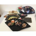 A mixed lot including six fans with Chinese and Spanish decoration (largest: 34cm x 61cm), a