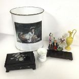 A mixed lot including a waste paper basket with James Tissot's Young Lady in a Boat printed to one