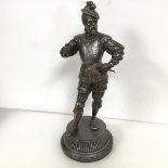 After E. Guillemin, a silvered metal figure of a Conquistador, missing spear, engraved E.Guillemin