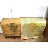 Two vintage wall maps of Scotland, one titled Geological map of Scotland, Lochs, Mountains, Islands,