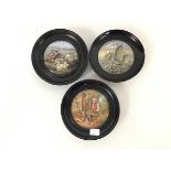 A set of three 19thc pot lids with printed decoration including Peace, Il Penseroso and a Maritime