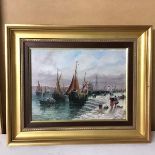 S.L. Kilpack, Harbour Scene with Figures, oil on board (20cm x 27cm)