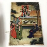 A Chinese stone panel, painted with multiple figures, with Chinese characters verso, with frame (a/