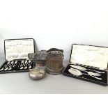 An Epns three piece fish service, cased, a set of twelve Epns teaspoons, complete with tongs in