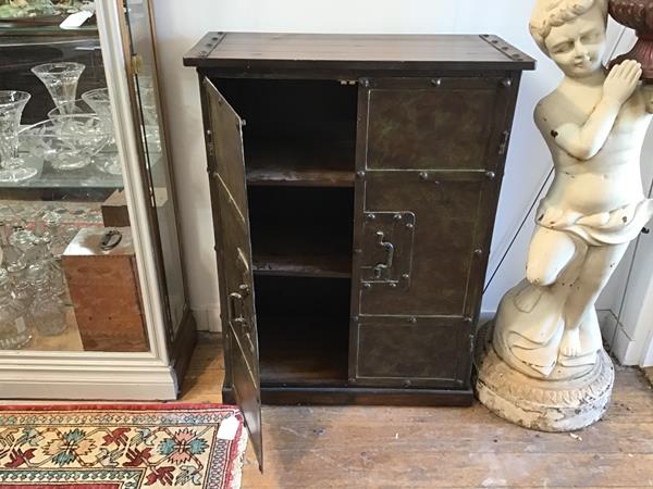 A metal side cabinet, with wooden plank top over two doors, the interior fitted two shelves, on